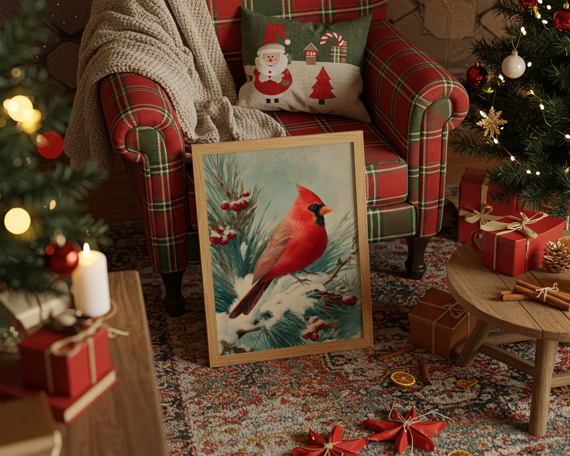 Crimson Wings Against Winter Pine