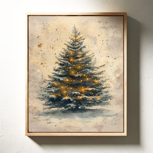 Glowing Christmas Tree Watercolor Print - Festive Wall Art - Gallery Canvas image 1
