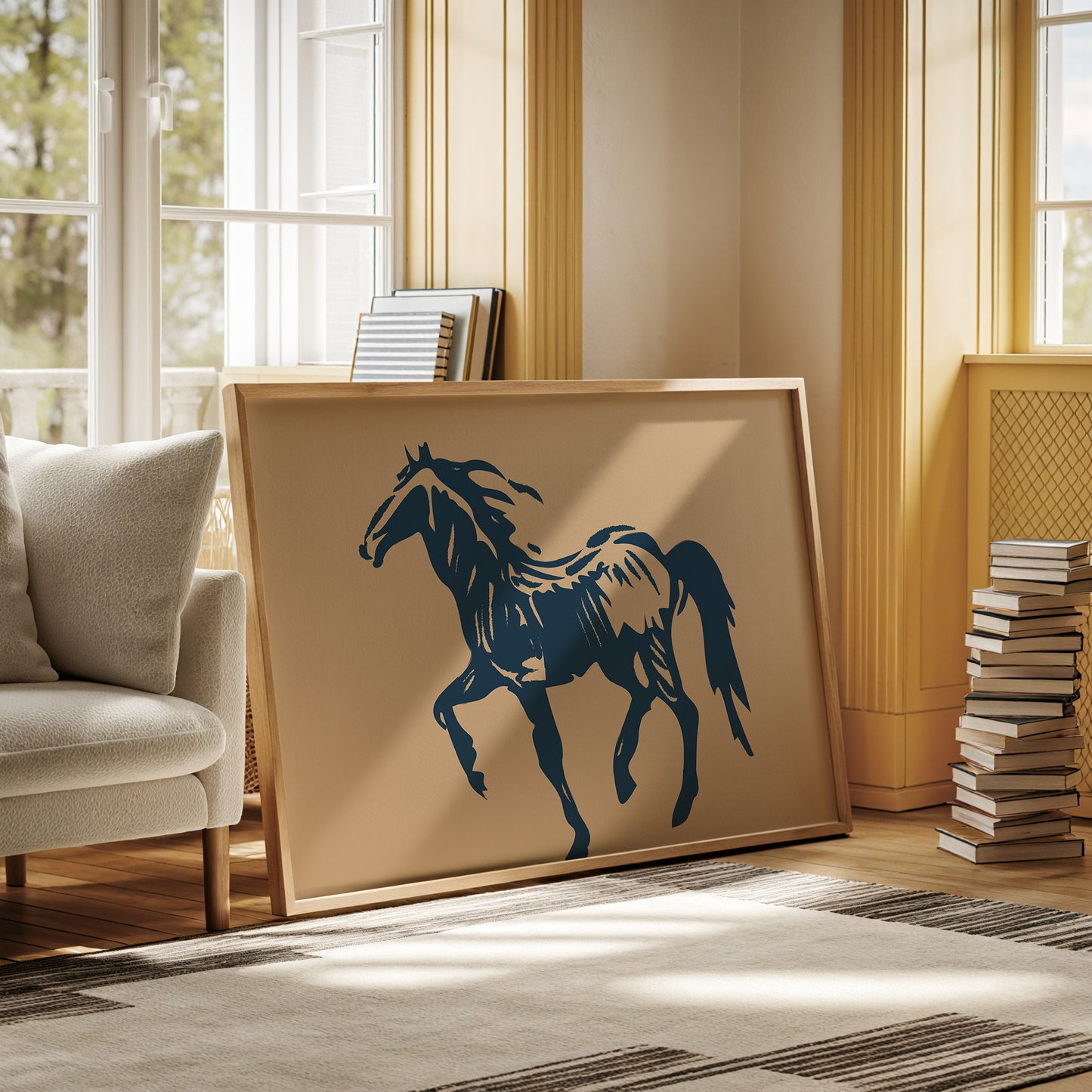 Wild Horse Silhouette Art – Western Mustang Wall Decor in Navy & Beige