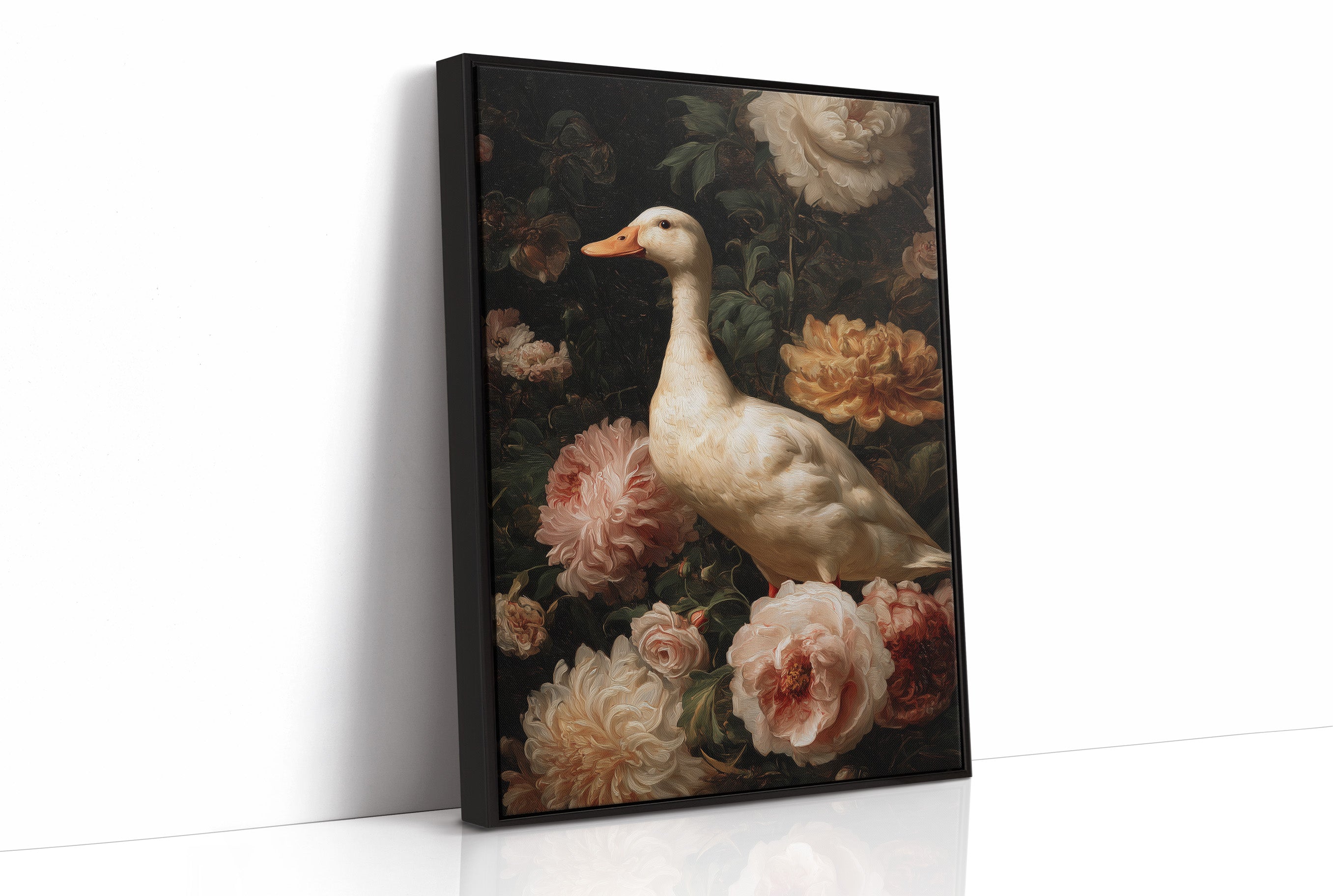 White Duck Among Blooming Peonies
