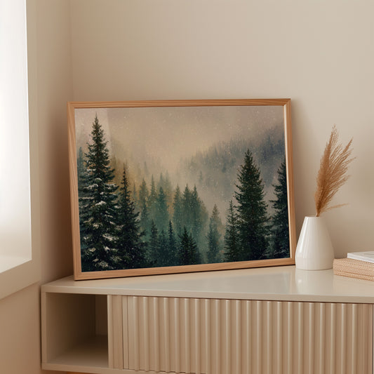Snow Dances Through Evergreen Light