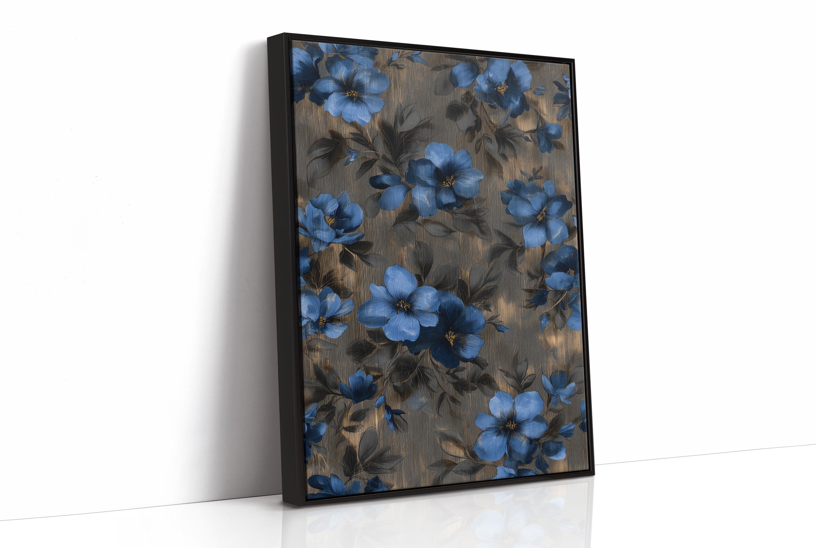 Midnight Blooms Against Golden Wood