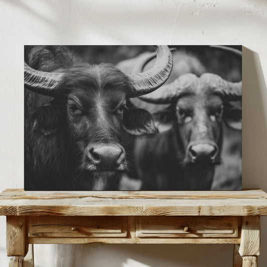 Black and white photo of two bulls on a wooden table