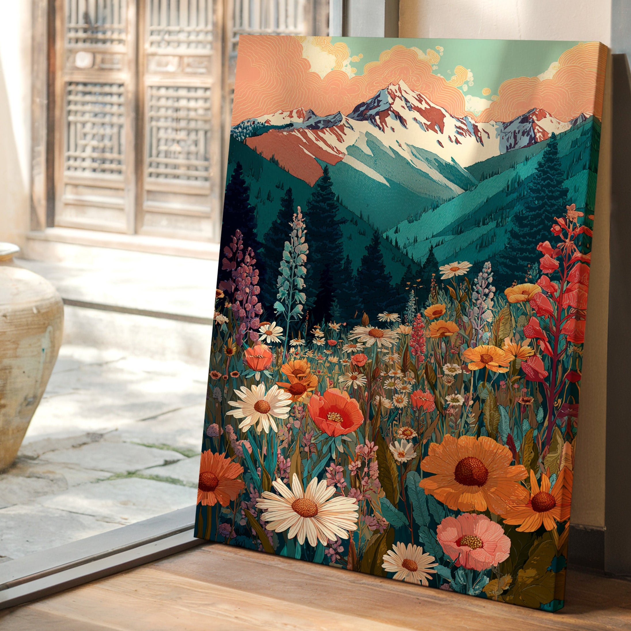 Floral Tapestry Beneath Mountain Peaks