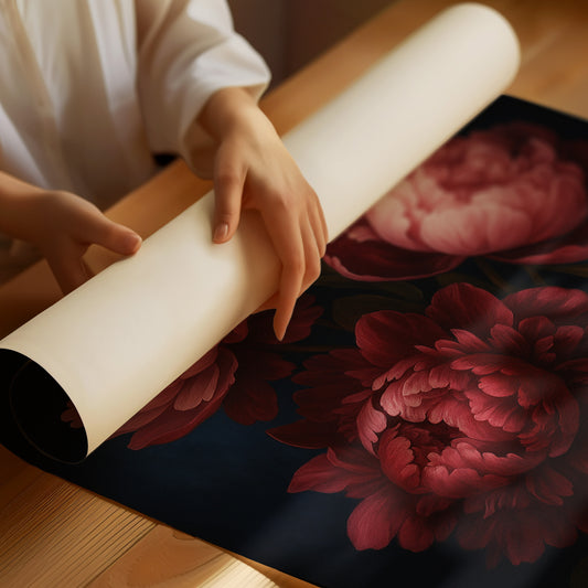 Crimson Peonies in Midnight Bloom