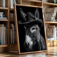 Framed picture of a donkey wearing a hat on a wooden floor with bookshelves in the background