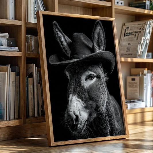 Framed picture of a donkey wearing a hat on a wooden floor with bookshelves in the background