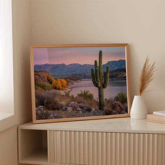 Desert Lake Glows At Dusk