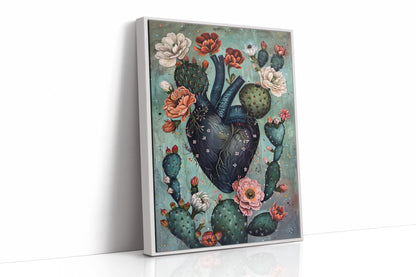 Cactus Heart Bloom – Surreal Botanical Art, Dark Floral Wall Decor