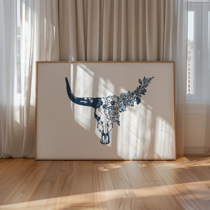 Floral Longhorn Skull Wall Art – Western Boho Cow Skull Print