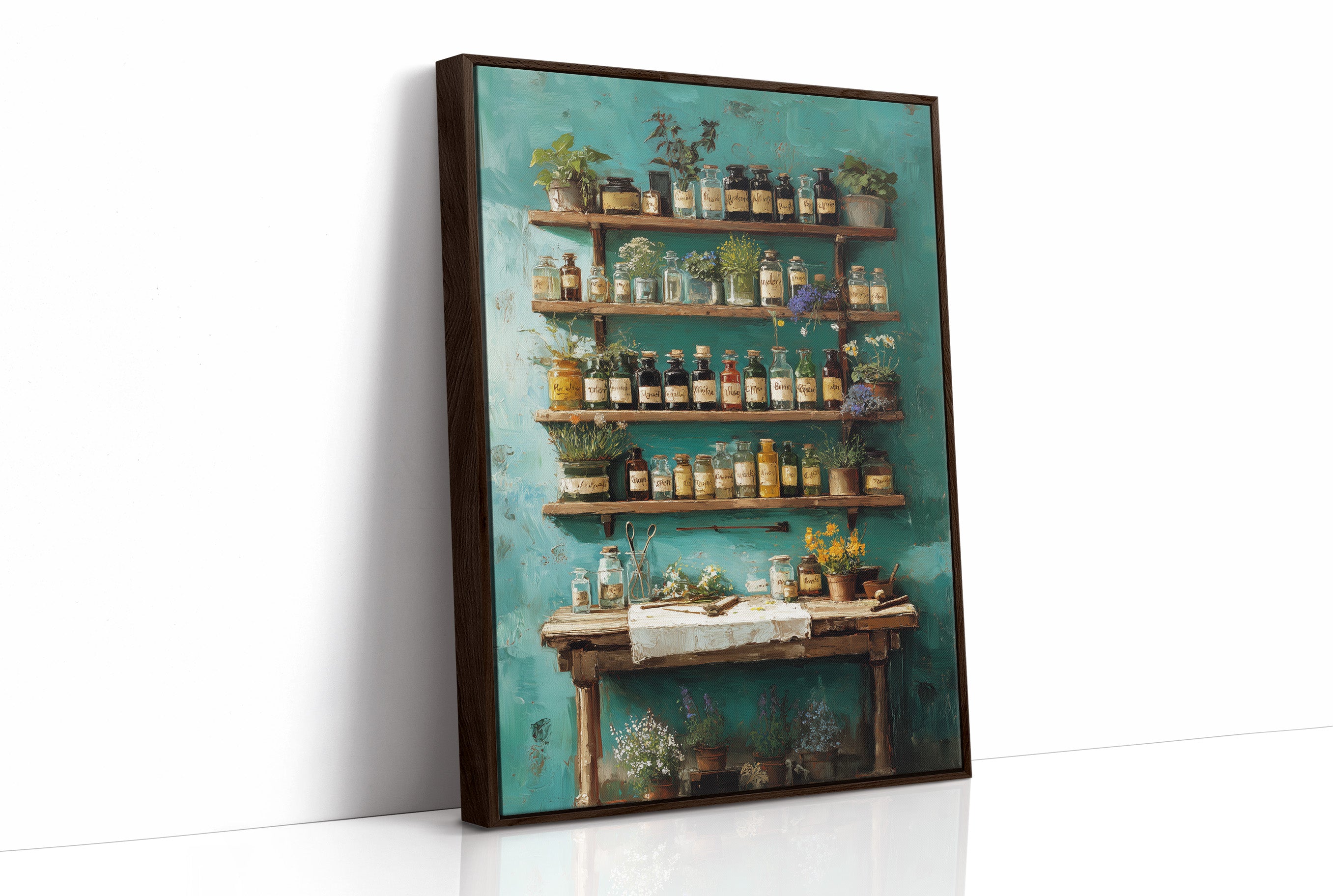 Apothecary Secrets Against Teal Walls