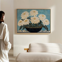 White Chrysanthemums Meet Midnight Bowl