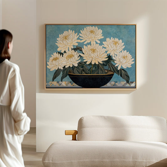White Chrysanthemums Meet Midnight Bowl