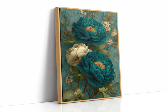 Teal Peonies on a Weathered Wall