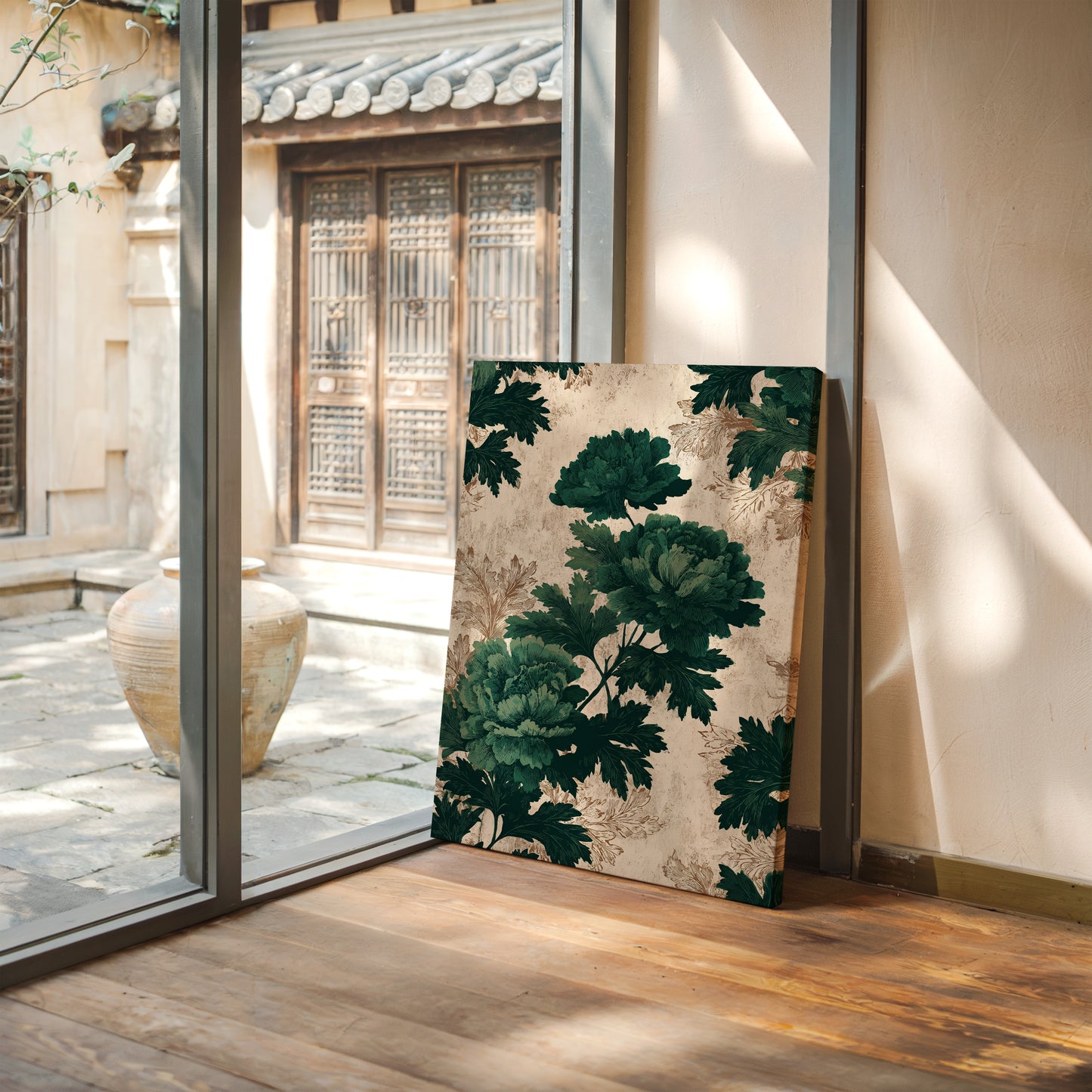 Emerald Blooms on Rustic Canvas