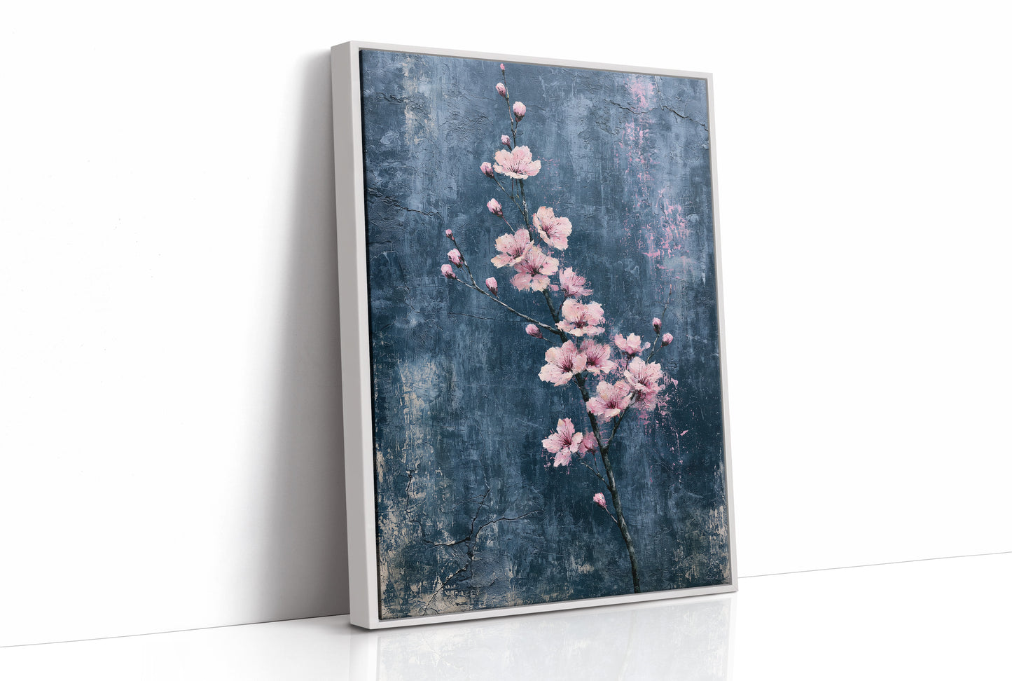 Pink Blossoms on Weathered Denim Blue