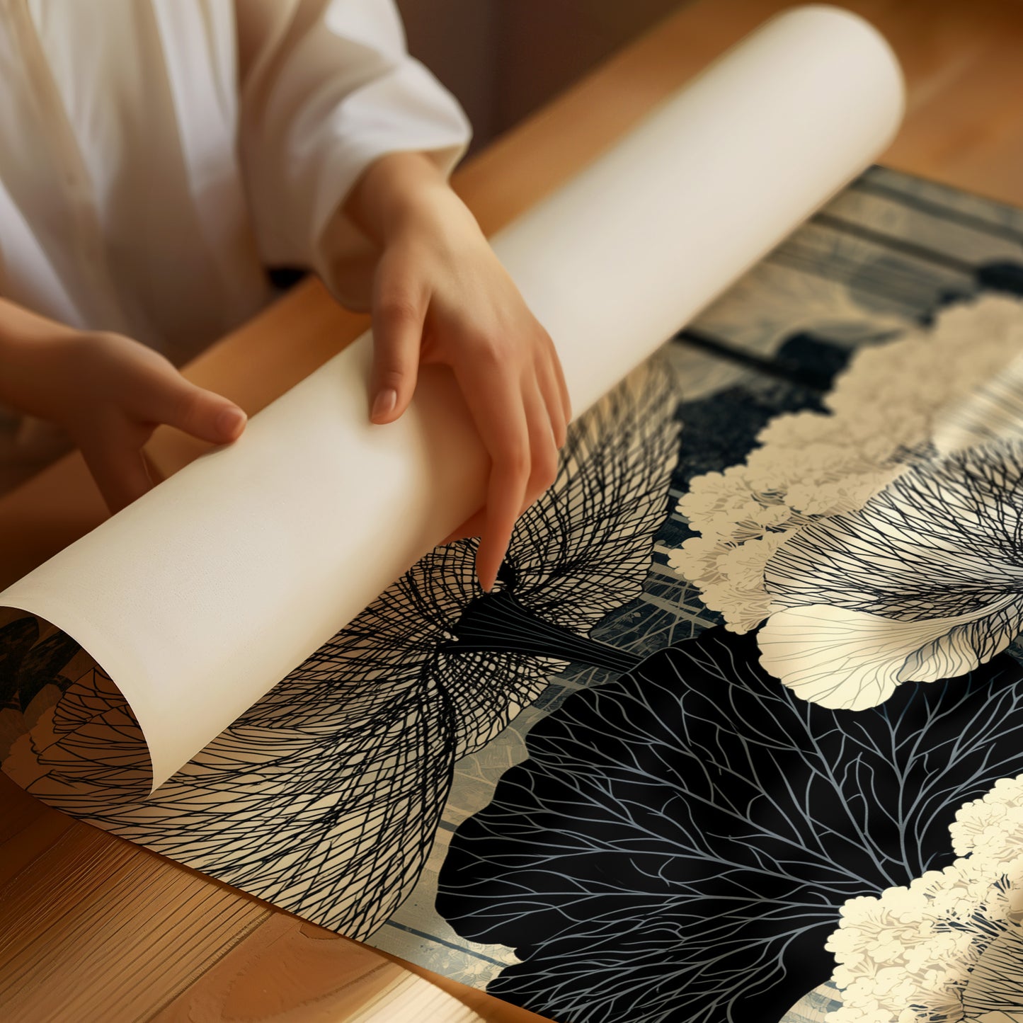 Poppies and Birches in Black Ink