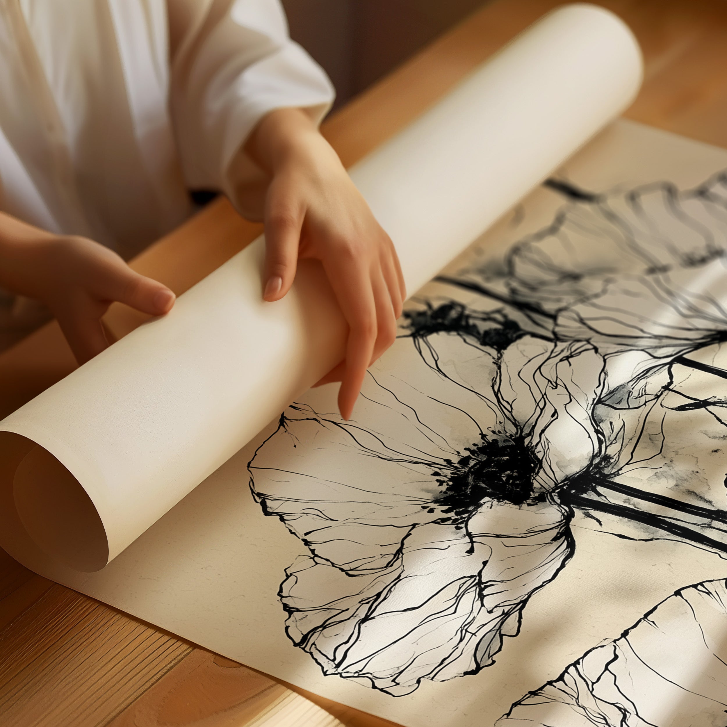 Botanical Poppies in Ink Wash