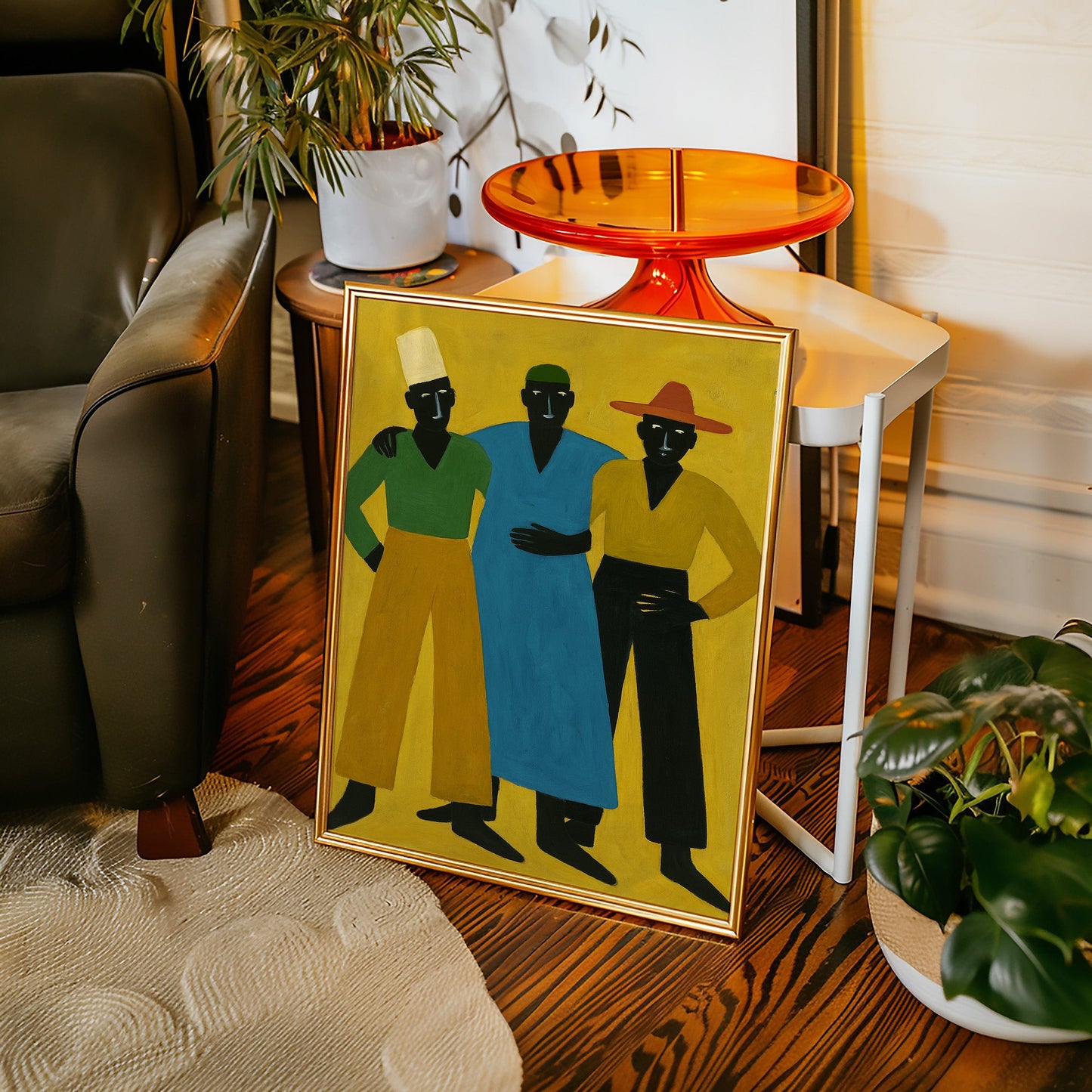 Three Figures Stand In Golden Light