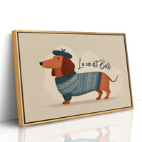 La Vie Est Belle Canvas Art | French Dachshund in Beret & Sweater Print for Living Room, Office or Dog Lover Décor