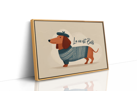 La Vie Est Belle Canvas Art | French Dachshund in Beret & Sweater Print for Living Room, Office or Dog Lover Décor