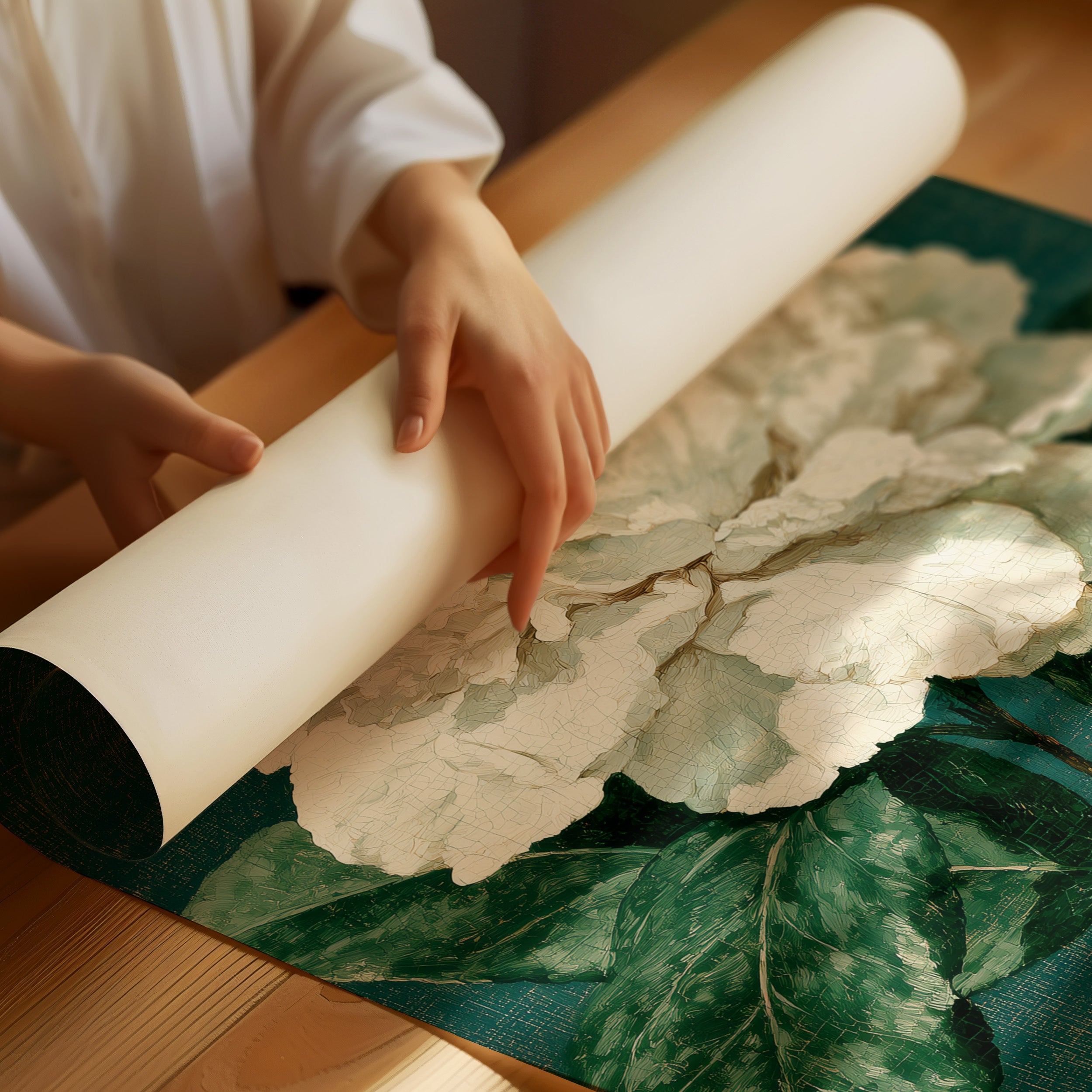 White Bloom on Cracked Teal Canvas