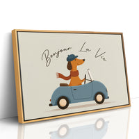 Bonjour La Vie Canvas Art | French Dachshund Driving Convertible Print for Living Room, Office or Dog Lover Décor