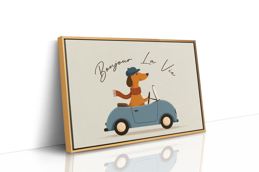 Bonjour La Vie Canvas Art | French Dachshund Driving Convertible Print for Living Room, Office or Dog Lover Décor