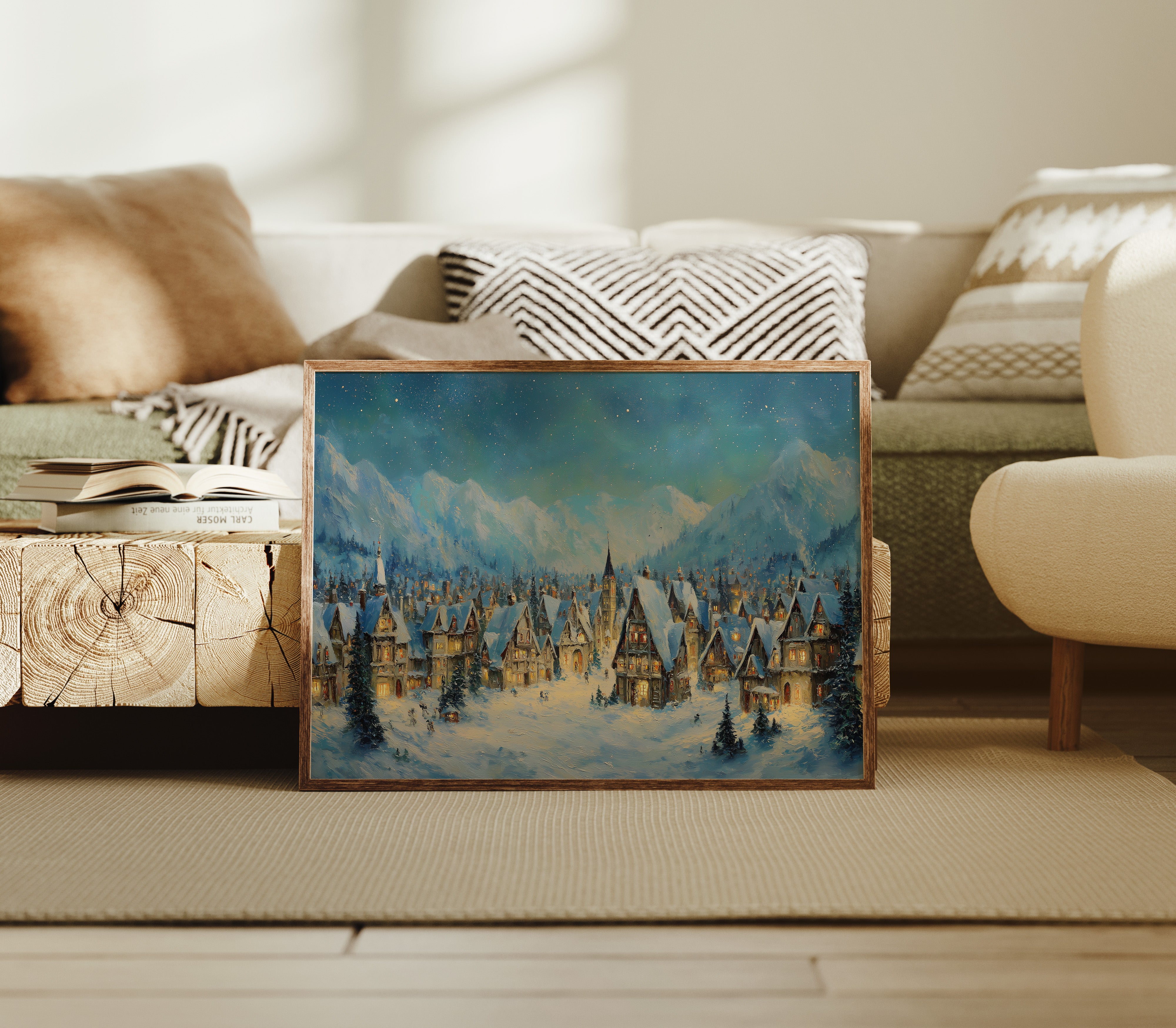 Winter Village Glows Under Mountain Stars