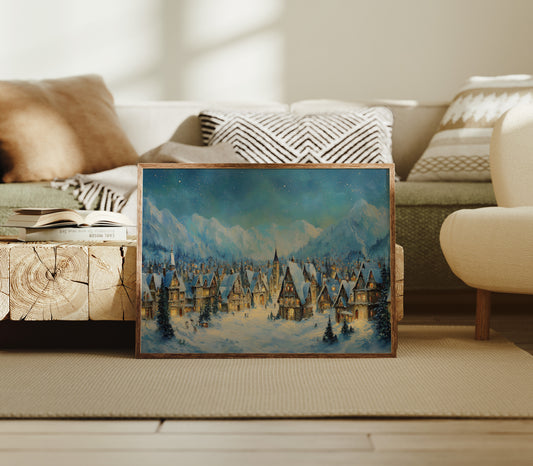 Winter Village Glows Under Mountain Stars