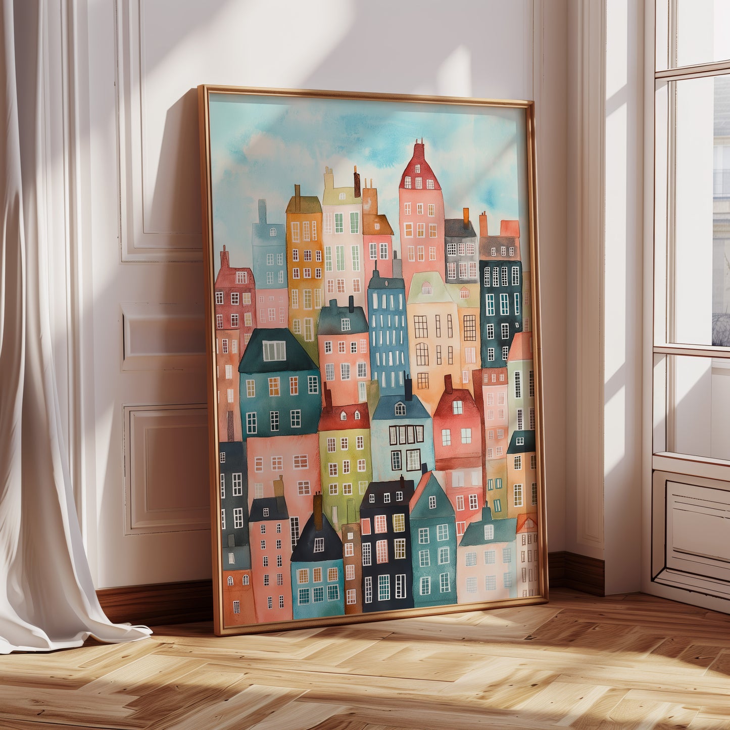 Colorful City Rowhouses Watercolor Print