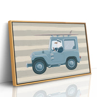 Surfing Seagull Canvas Art | Coastal Bird Driving Jeep with Surfboard Print for Beach House, Kids Room or Nautical Décor
