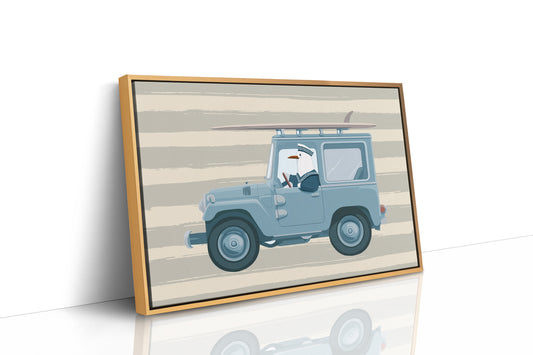 Surfing Seagull Canvas Art | Coastal Bird Driving Jeep with Surfboard Print for Beach House, Kids Room or Nautical Décor