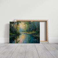 Sunlit Waters Between Tall Pines