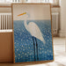 White Egret in Snowfall – Elegant Minimalist Bird Wall Art