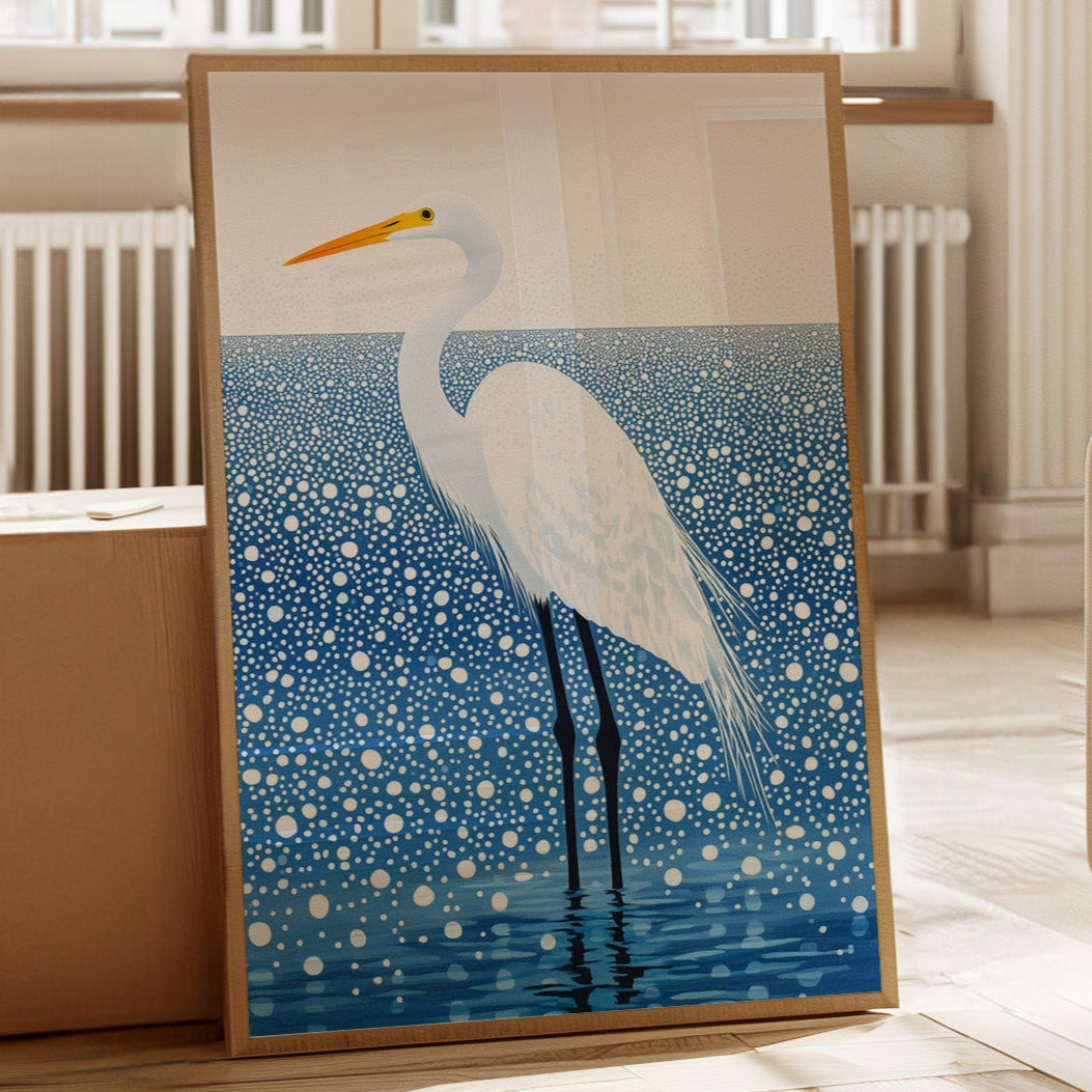 White Egret in Snowfall – Elegant Minimalist Bird Wall Art