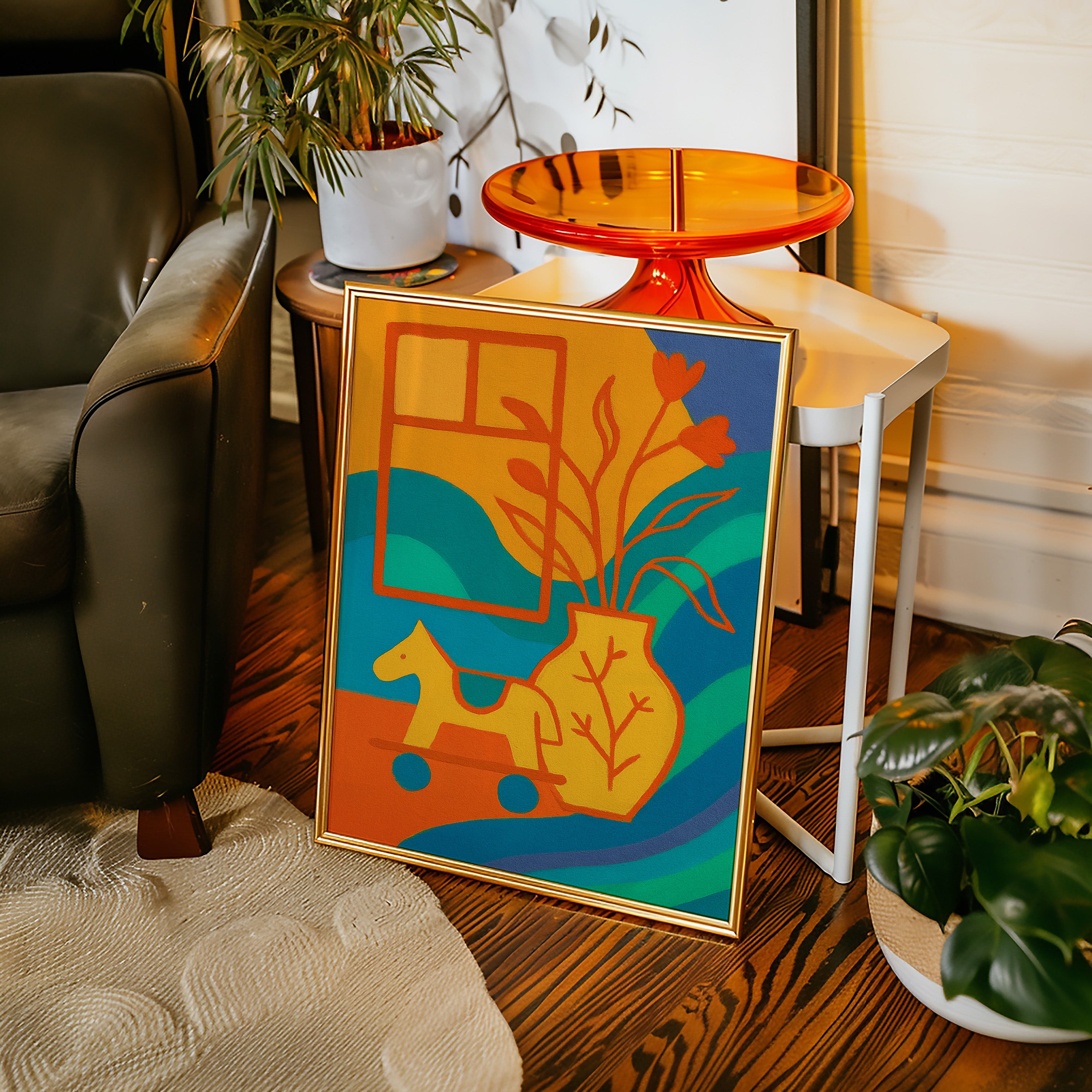 Wooden Horse Meets Morning Tulips