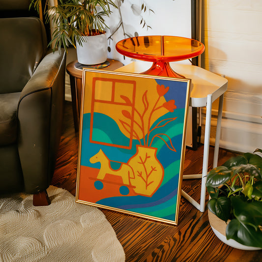 Wooden Horse Meets Morning Tulips