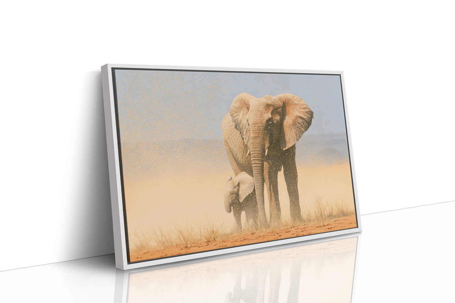 Elephant Mother, Dust and Calf