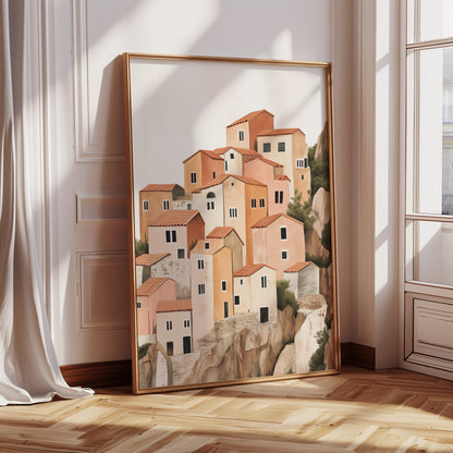 Sunlit Cliffside Village in Warm Earth Tones