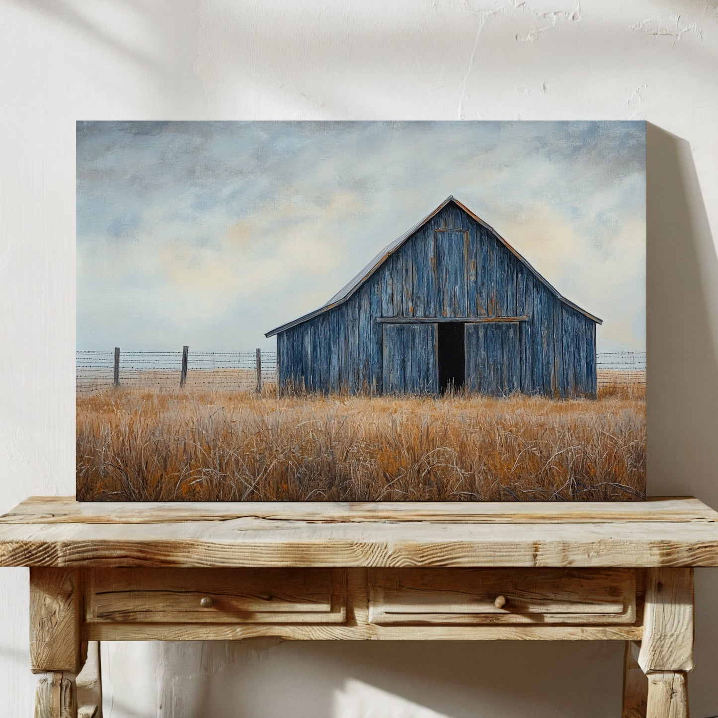 Blue Barn Stands Among Golden Fields