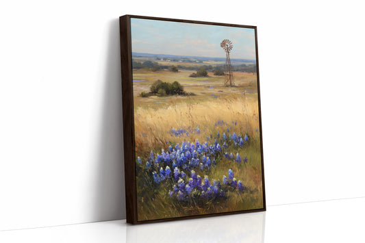 Bluebonnets Dance Near Rustic Windmill