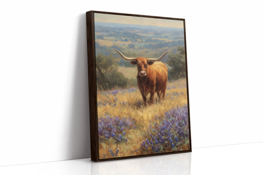 Longhorn Grazes Among Bluebonnet Dreams