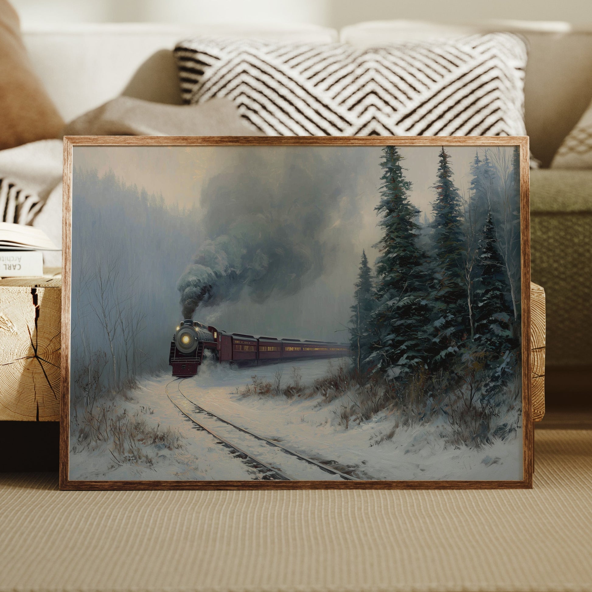 Winter Steam Curves Through Pine Forest