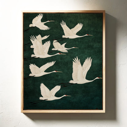 Elegant Cranes in Flight – Japanese Minimalist Wall Art Print