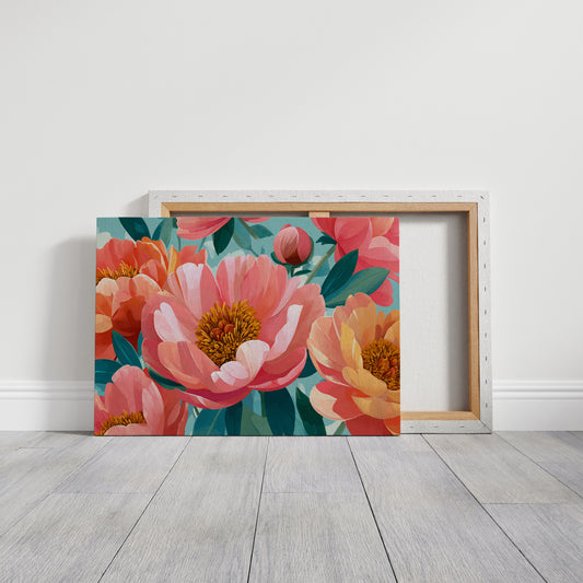 Coral Peonies Dance In Turquoise