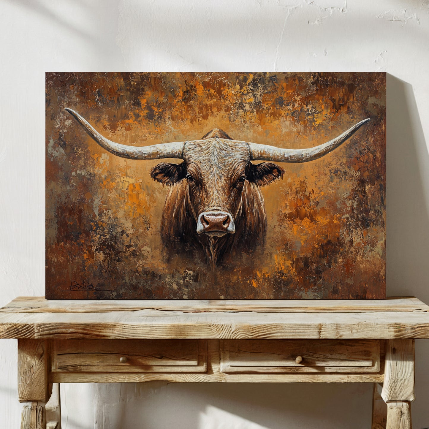 Longhorn's Gaze Through Autumn Fire
