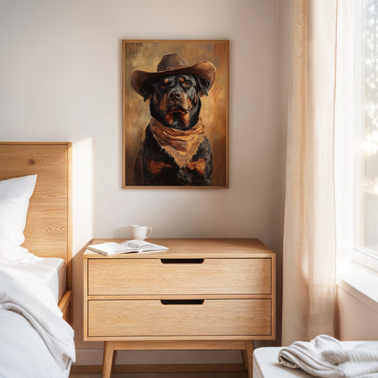 Western Cowboy Rottweiler Print – Rustic Wild West Dog Art