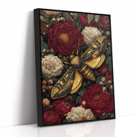 Golden Moth Among Crimson Blooms