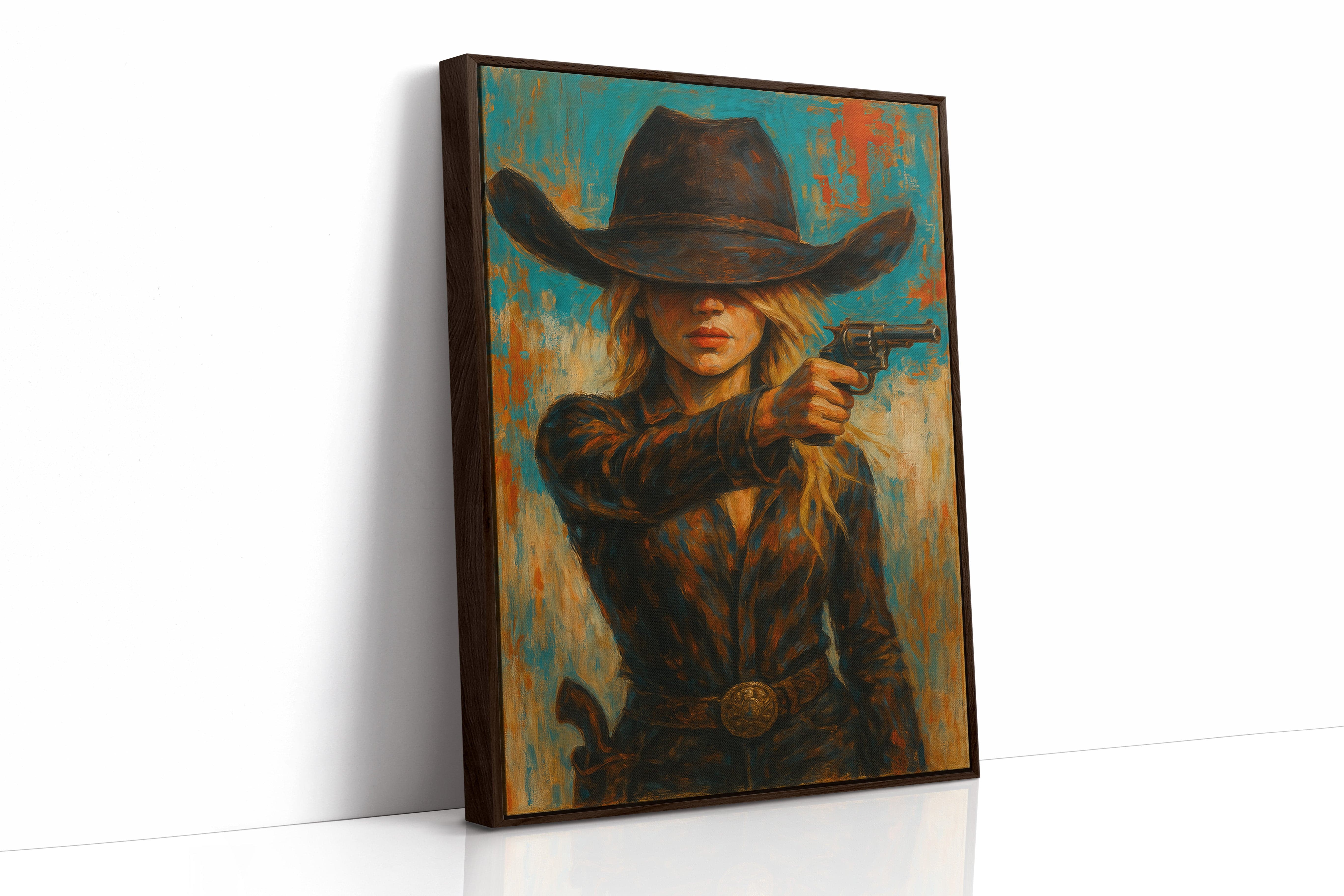 Western Grit: Cowgirl With Revolver Canvas Art